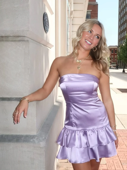 LD Cute Sheath Strapless Lilac Satin Short Homecoming Dress with Ruffles