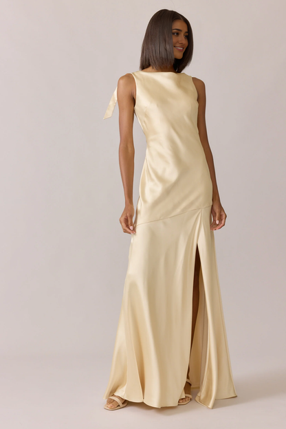 LD round neckline off shoulder sleeveless lace up shoulder off back side slit floor length prom dress