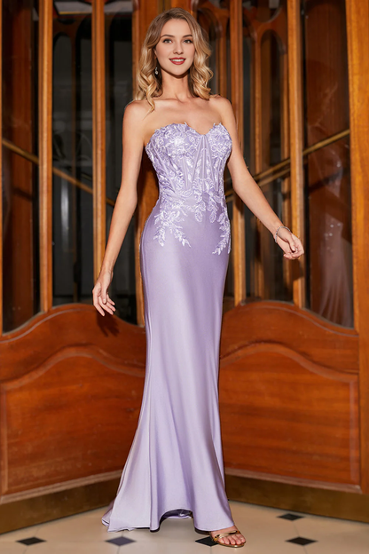 Fashionable mermaid sweetheart lilac tight corset lace applique evening dress