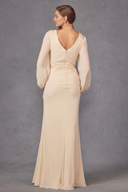 A-line slit skirt embroidered long sleeved mother of the bride dress