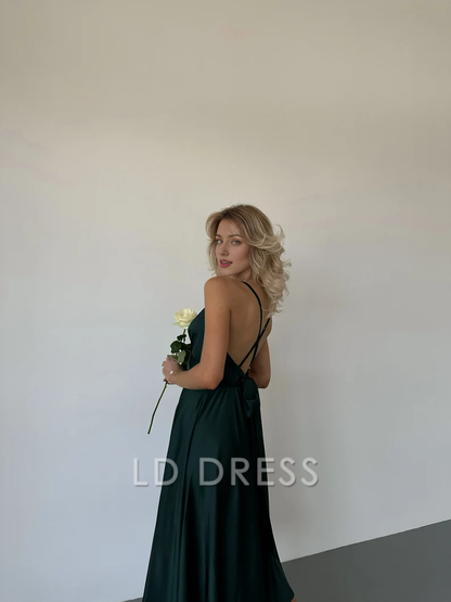 LD deep V-neck sleeveless thin shoulder strap backless long Prom dress