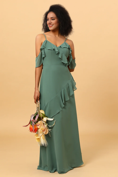 Eucalyptus fine shoulder strap ruffled chiffon long bridesmaid dress