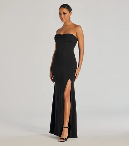 LD off shoulder collar sleeveless strapless backless side slit and floor length Prom dress