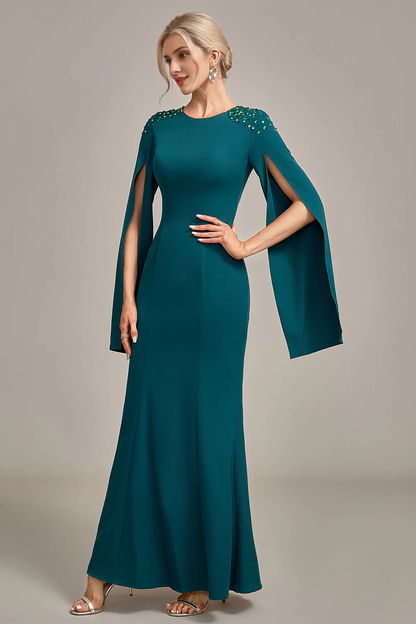 Sparkling dark green fish tail round neck long sleeved bridal mother dress