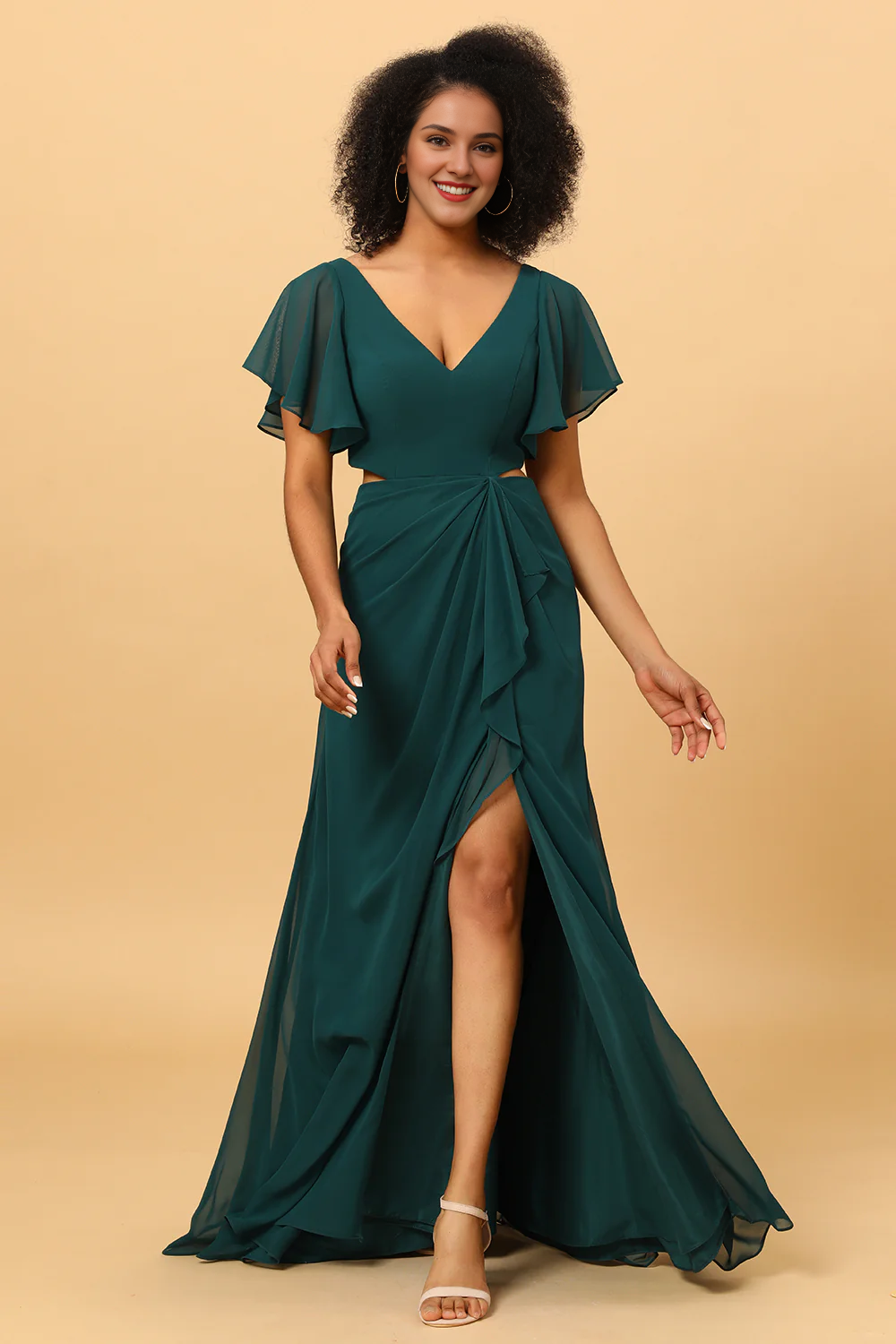 Pine V-neck short sleeved chiffon bridesmaid dress
