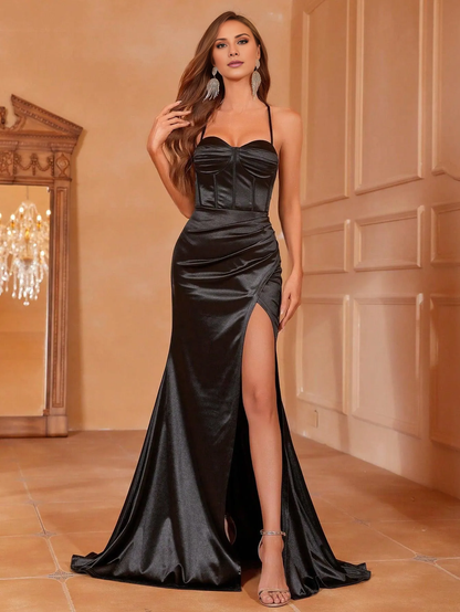 LD Ruched Bustier Wrap Hem Satin Cami Party Evening Dress