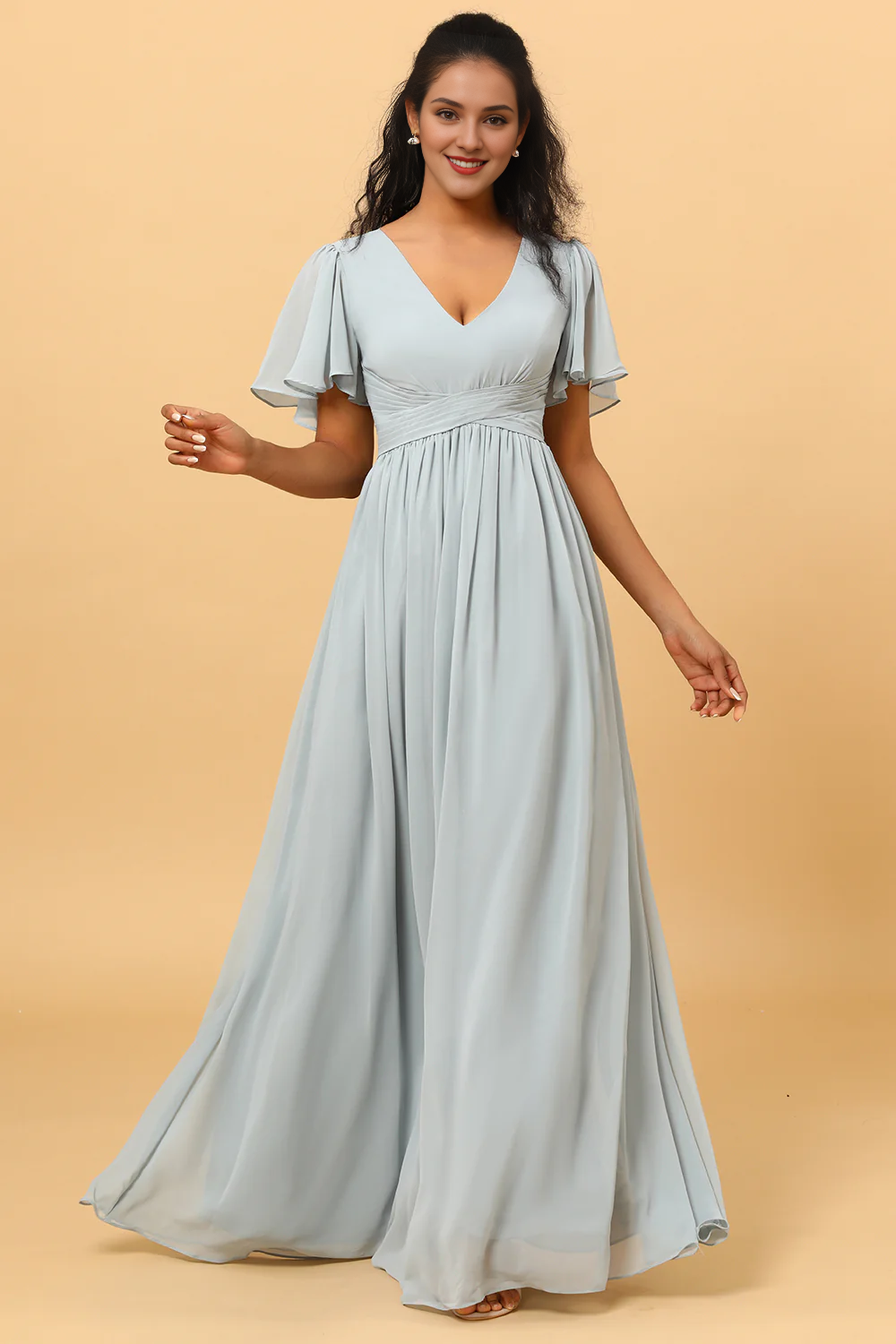 Grey blue A-line V-neck short sleeved chiffon bridesmaid dress