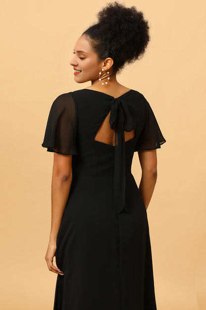 Black A-line V-neck slit chiffon and floor length bridesmaid dress
