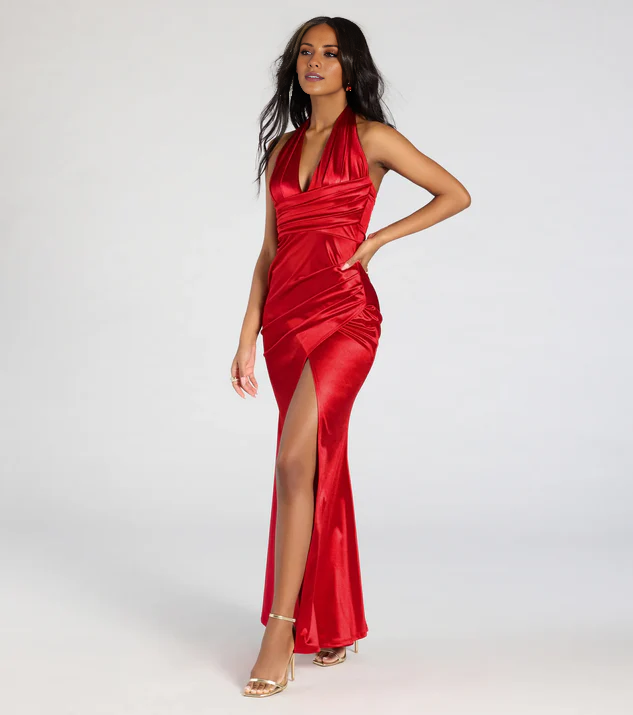LD V collar hanging neck off shoulder sleeveless backless side slit and floor length Prom dress
