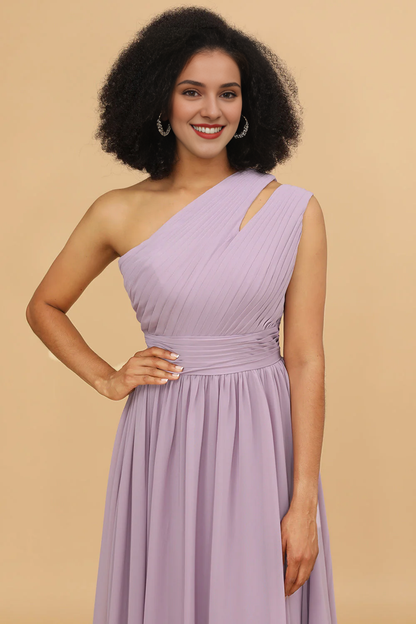 Light purple A-line shoulder long chiffon ruffled bridesmaid dress