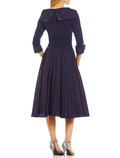 A-Line Mother of the Bride Dress Plus Size Elegant V Neck Tea Length Chiffon Half Sleeve with Appliques