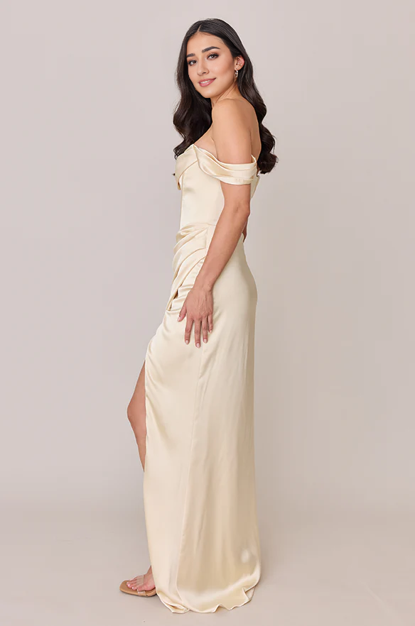 LD off shoulder collar sleeveless backless side slit and floor length Prom dress