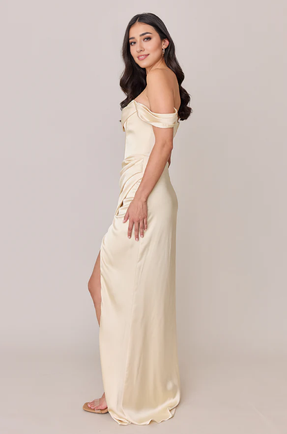 LD off shoulder collar sleeveless backless side slit and floor length Prom dress