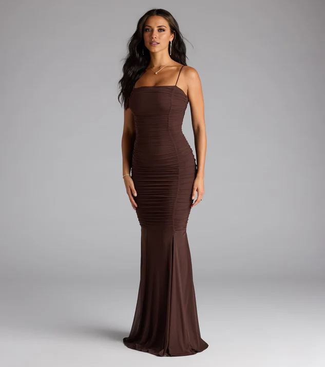 LD square neckline off shoulder sleeveless thin shoulder strap backless and floor length evening dress