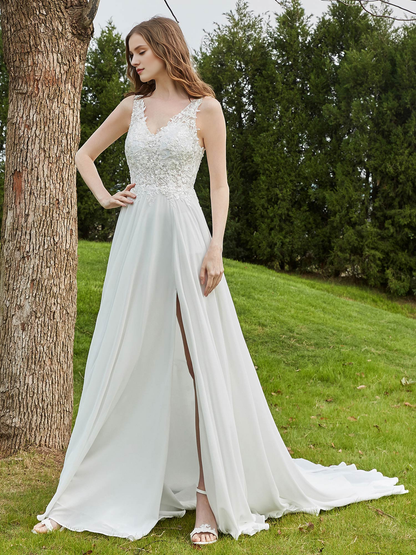Lace V-neck slit chiffon wedding dress