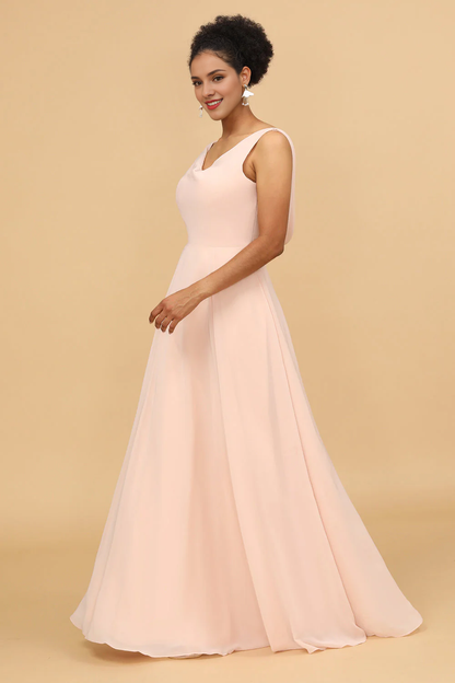 Pink A-line V-neck chiffon long bridesmaid dress