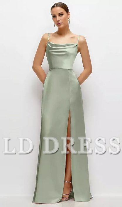 Thin shoulder strap high neck satin side slit and floor length bridesmaid dress - LD Dress