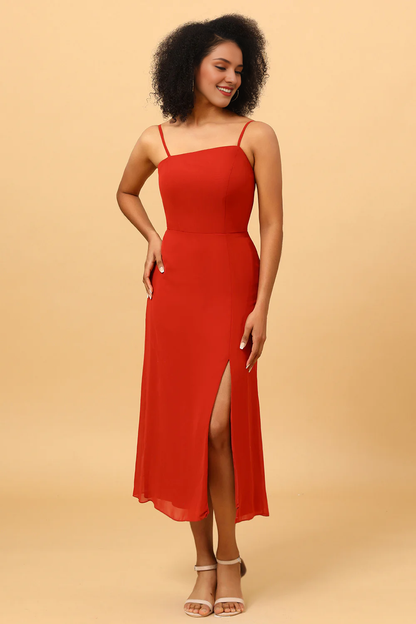 Red earth thin shoulder strap medium length chiffon slit bridesmaid dress