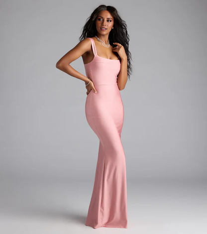 LD mermaid square neckline sleeveless backless and floor length Prom dress