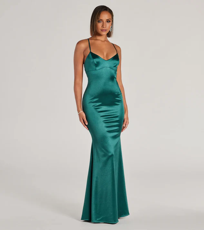 LD Mermaid V-neck sleeveless thin shoulder strap backless and floor length evening dress