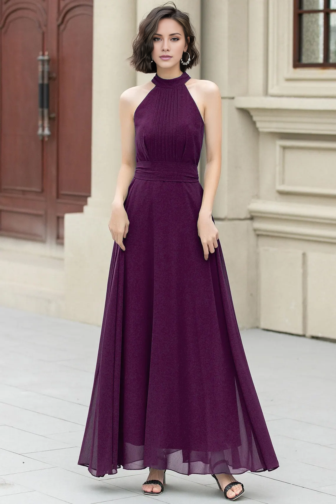 LD hanging neck collar sleeveless off shoulder pleated details backless and floor length Prom dress
