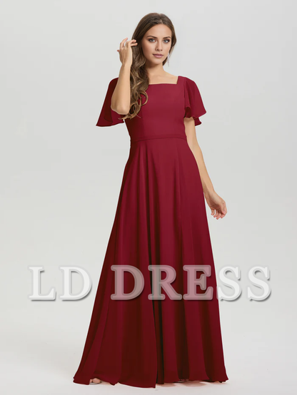 A-line square collar ruffled short sleeved and ground chiffon bridesmaid dress