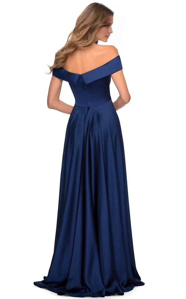 A-line tight corset with off shoulder fit and floor length evening gown