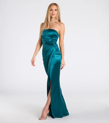 LD off shoulder collar sleeveless strapless backless side slit and floor length Prom dress