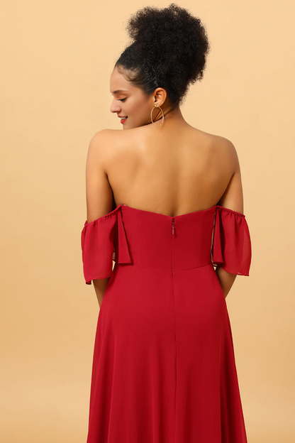 Wine red slit shoulder length chiffon bridesmaid dress