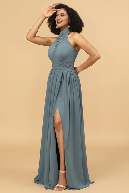 Grey neck hanging pleated long slit chiffon bridesmaid dress