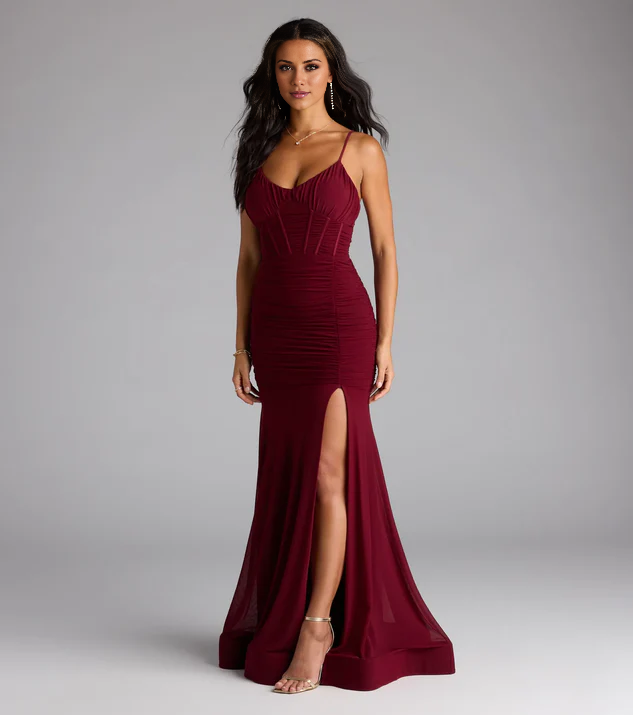LD square neckline off shoulder sleeveless slim shoulder strap side slit and floor length evening dress