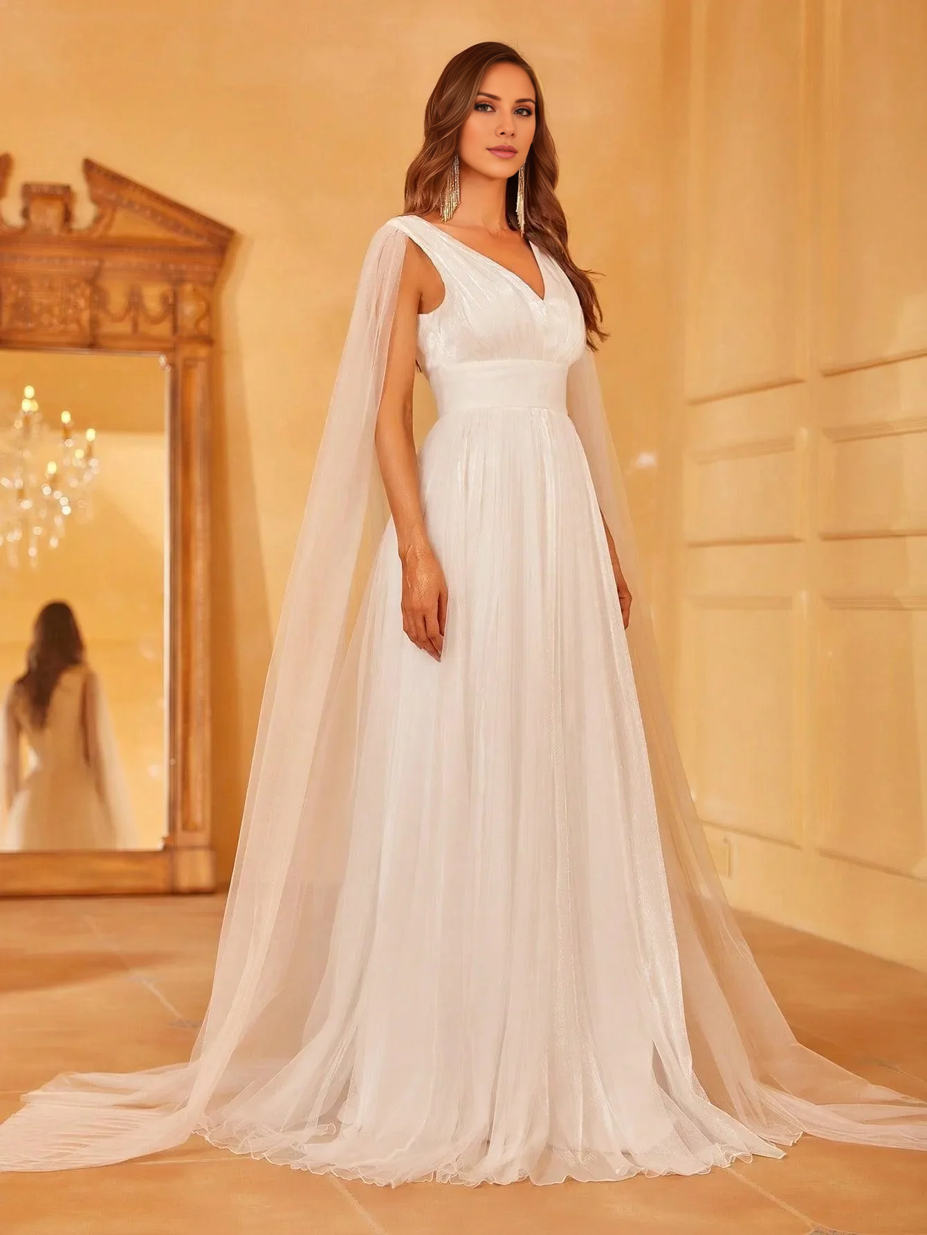 A-line deep V-neck cape and floor length wedding dress