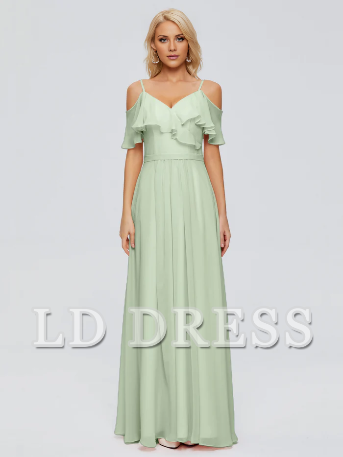 Off shoulder thin shoulder strap ruffled chiffon bridesmaid dress
