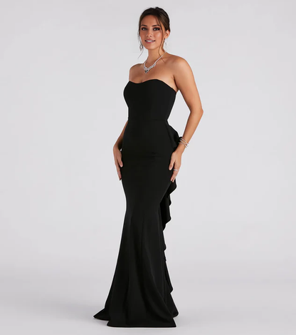 LD off shoulder collar sleeveless strapless backless and floor length evening dress