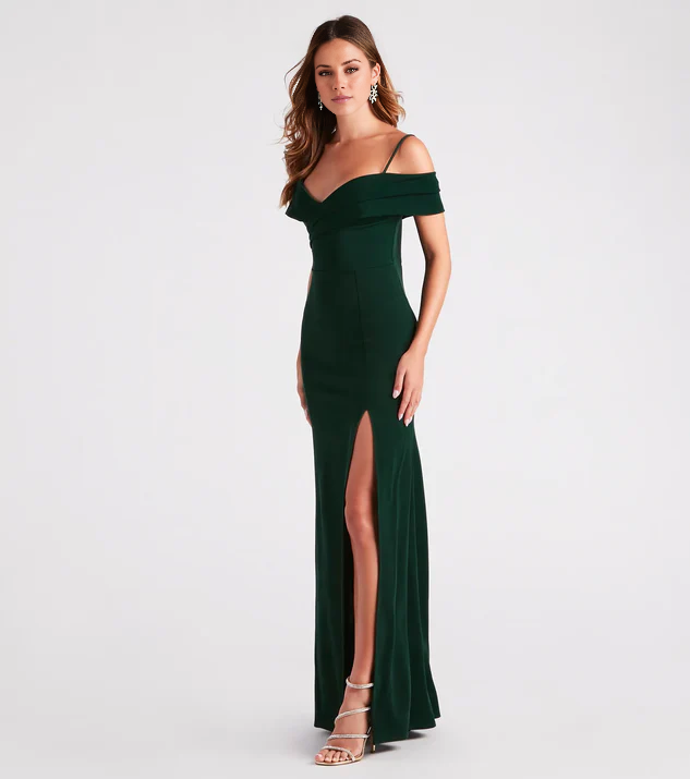 LD off shoulder collar sleeveless thin shoulder strap backless side slit and floor length evening dress