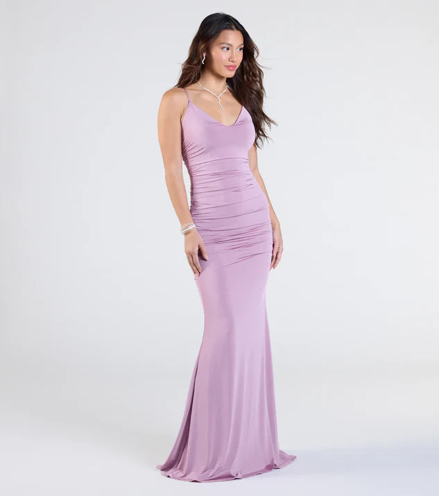 LD V-neck off shoulder sleeveless thin shoulder strap backless and floor length Prom dress