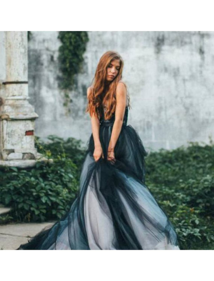 Ball Gown Evening Gown Color Block Dress Engagement Sleeveless V Neck Tulle V Back with Pleats Appliques