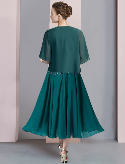 Two Piece A-Line Mother of the Bride Dress Formal Wedding Guest Elegant V Neck Chiffon Lace Short Sleeve Wrap Included with Sequin Appliques