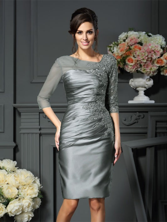 Sheath Satin Scoop 1/2 Sleeves Knee-Length With Beading Mother of the Bride Dresses