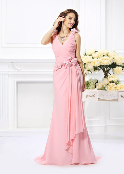 Trumpet/Mermaid V-neck Hand-Made Flower Sleeveless Long Chiffon Bridesmaid Dresses