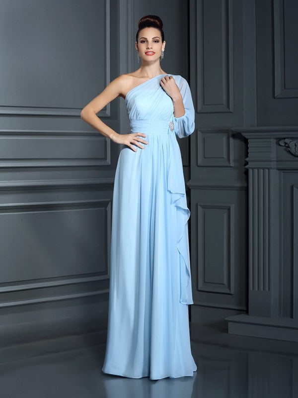 Sheath Chiffon One-Shoulder 3/4 Sleeves Floor-Length With Ruffles Bridesmaid Dresses