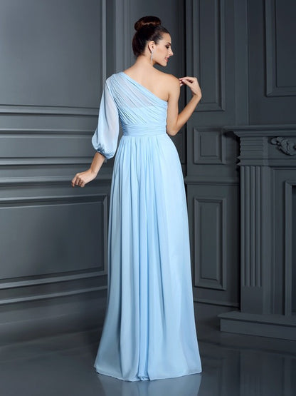Sheath Chiffon One-Shoulder 3/4 Sleeves Floor-Length With Ruffles Bridesmaid Dresses