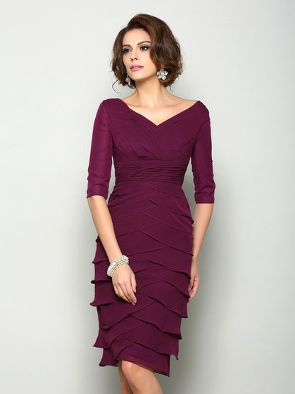 Sheath Chiffon V-neck 1/2 Sleeves Knee-Length With Layers Mother of the Bride Dresses