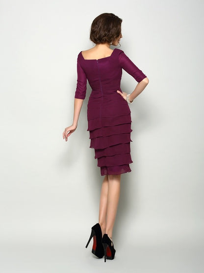 Sheath Chiffon V-neck 1/2 Sleeves Knee-Length With Layers Mother of the Bride Dresses
