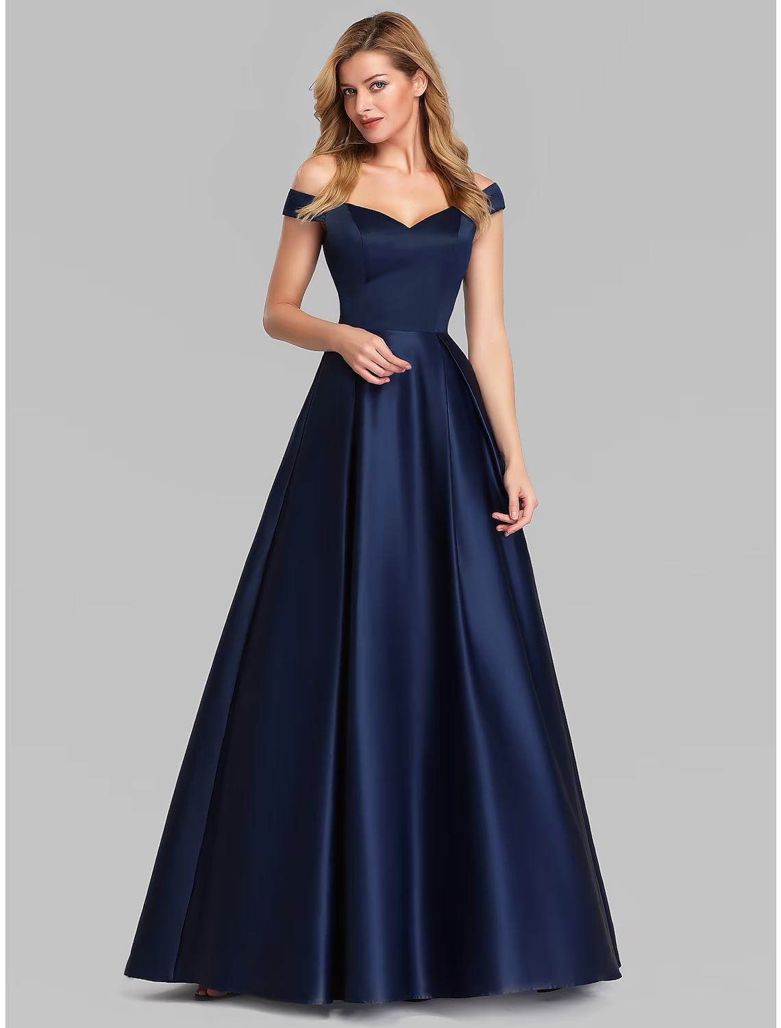 Elegant Prom Birthday Dress Off Shoulder Short Sleeve Floor Length Satin with Pleats