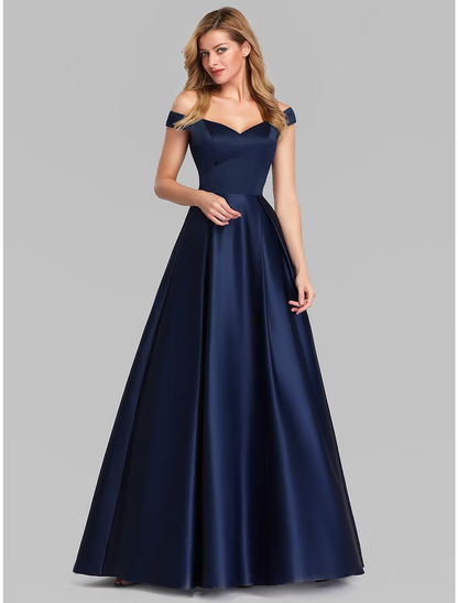 Elegant Prom Birthday Dress Off Shoulder Short Sleeve Floor Length Satin with Pleats