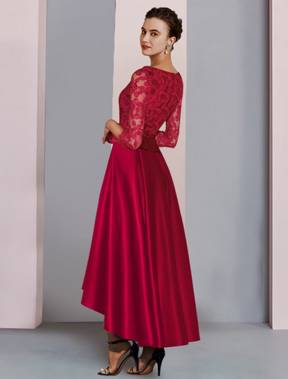 A-Line Mother of the Bride Dress Formal Wedding Guest Party Elegant High Low Scoop Neck Asymmetrical  Satin Lace Sleeve with Bow(s) Pleats