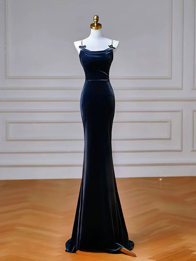 Navy Blue Velvet Cowl Neck Rhinestone Strap Lace-Up Back Mermaid Prom Dresses