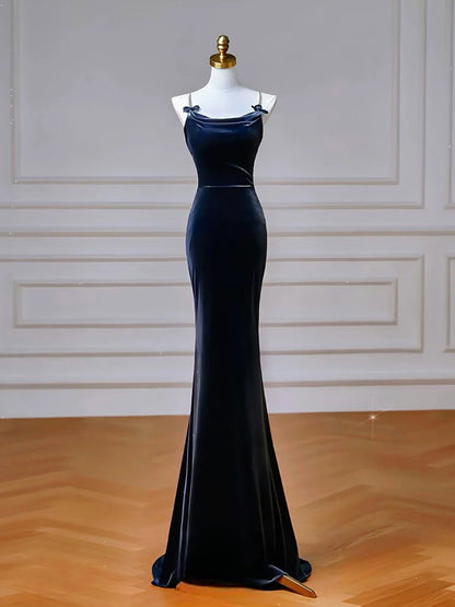 Navy Blue Velvet Cowl Neck Rhinestone Strap Lace-Up Back Mermaid Prom Dresses
