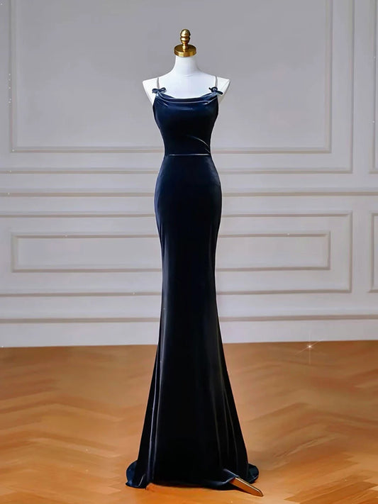 Navy Blue Velvet Cowl Neck Rhinestone Strap Lace-Up Back Mermaid Prom Dresses